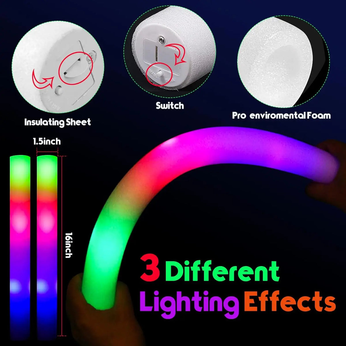 30Pcs Foam Glow Sticks with 3 Modes Colorful Led Flashing Glow Stick Glow in The Dark Party Supplies for Wedding Raves Concert
