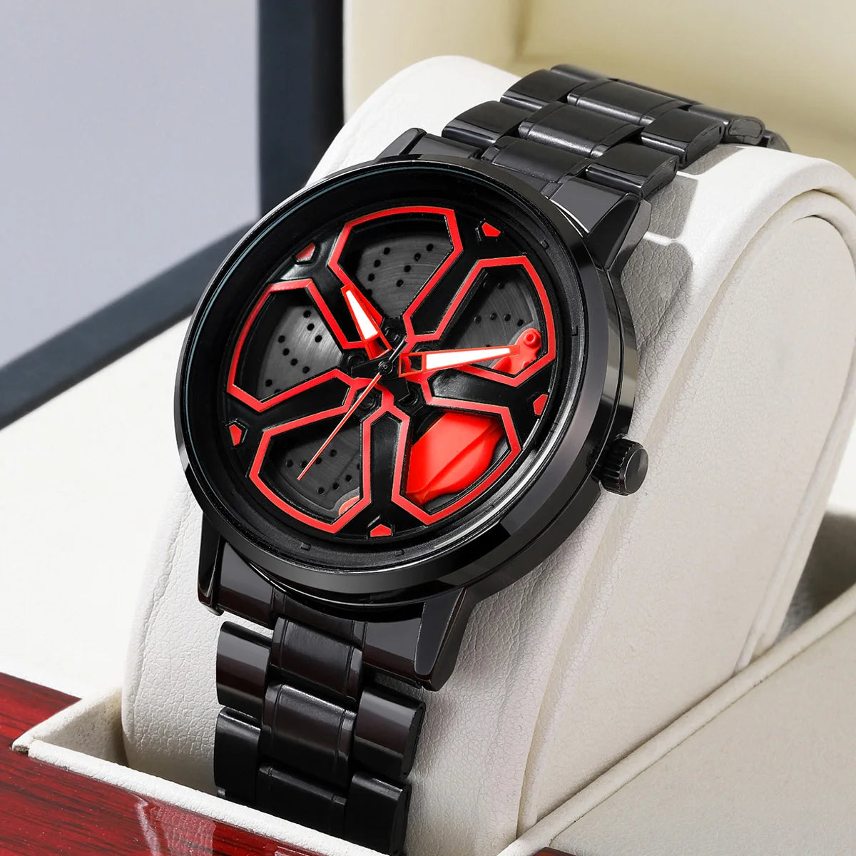 Original Wheel Rotating Men Watches Black Fashion Stainless Steel Strap Sports Man Clock 3Bar Quartz Movement Top Watch for Men