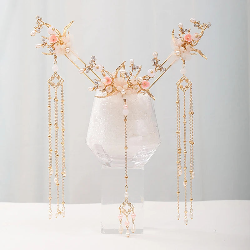 Chinese Hanfu Hair Stick Hairpin Earrings Hair Accessories Set Long Fringed Vintage Hairpin Flower Handmade Wedding Hair Jewelry