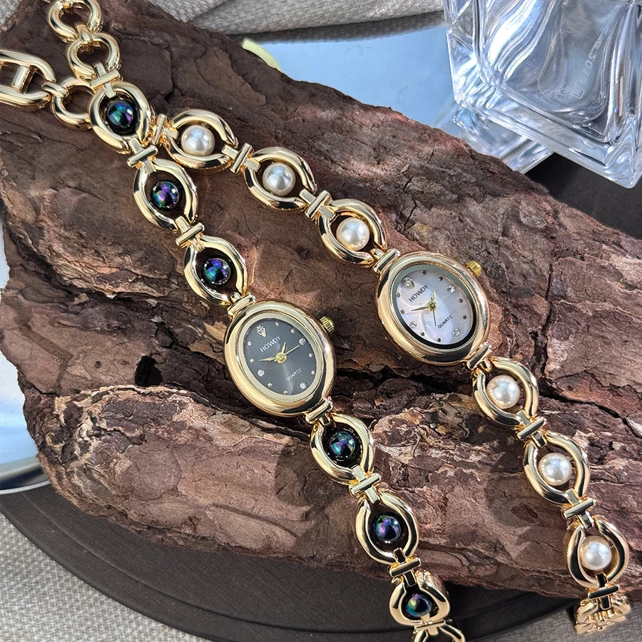 Ladies' Silky Texture Oval Alloy Case Set with Movable Fine Bead Bracelet Sun Print Rhinestone Dial Elegant Lady Quartz Watch