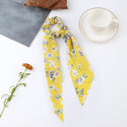 Floral Satin Bow Scrunchie with Long Ribbon Scarf