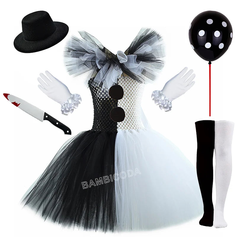 Girls Horror Clown Costume – Black & White Tutu Dress