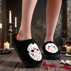 A Pair of Black Halloween Horror Mask Skull Pattern Embroidered Plush Home Thick-Soled Comfortable Slippers, Personalized Warm Non-Slip Indoor Slippers, Autumn and Winter Gift, Suitable for Both Men and Women