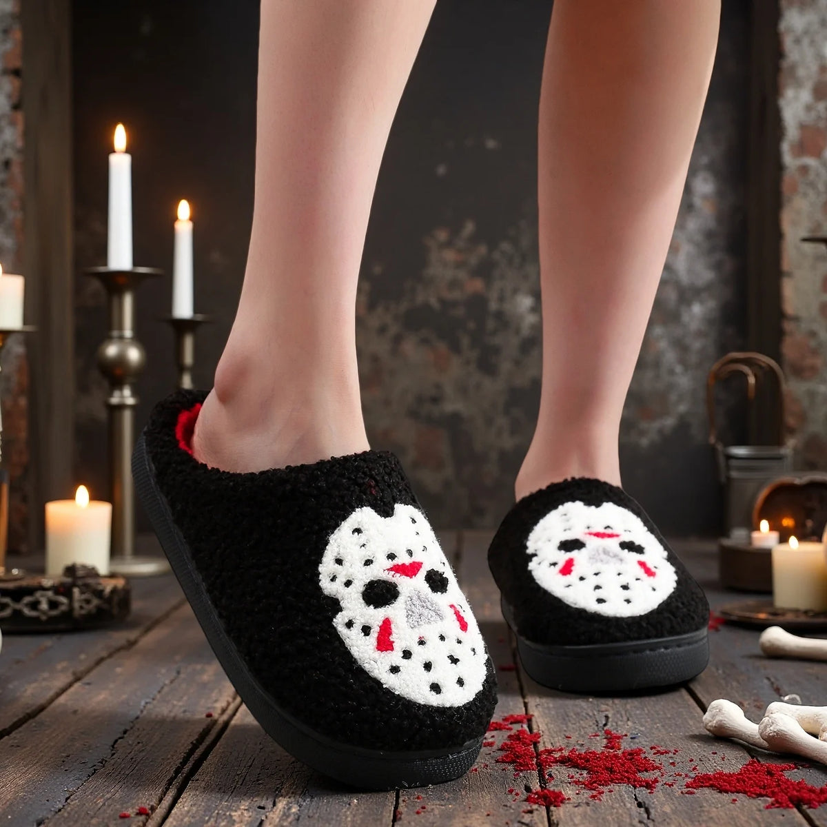 A Pair of Black Halloween Horror Mask Skull Pattern Embroidered Plush Home Thick-Soled Comfortable Slippers, Personalized Warm Non-Slip Indoor Slippers, Autumn and Winter Gift, Suitable for Both Men and Women