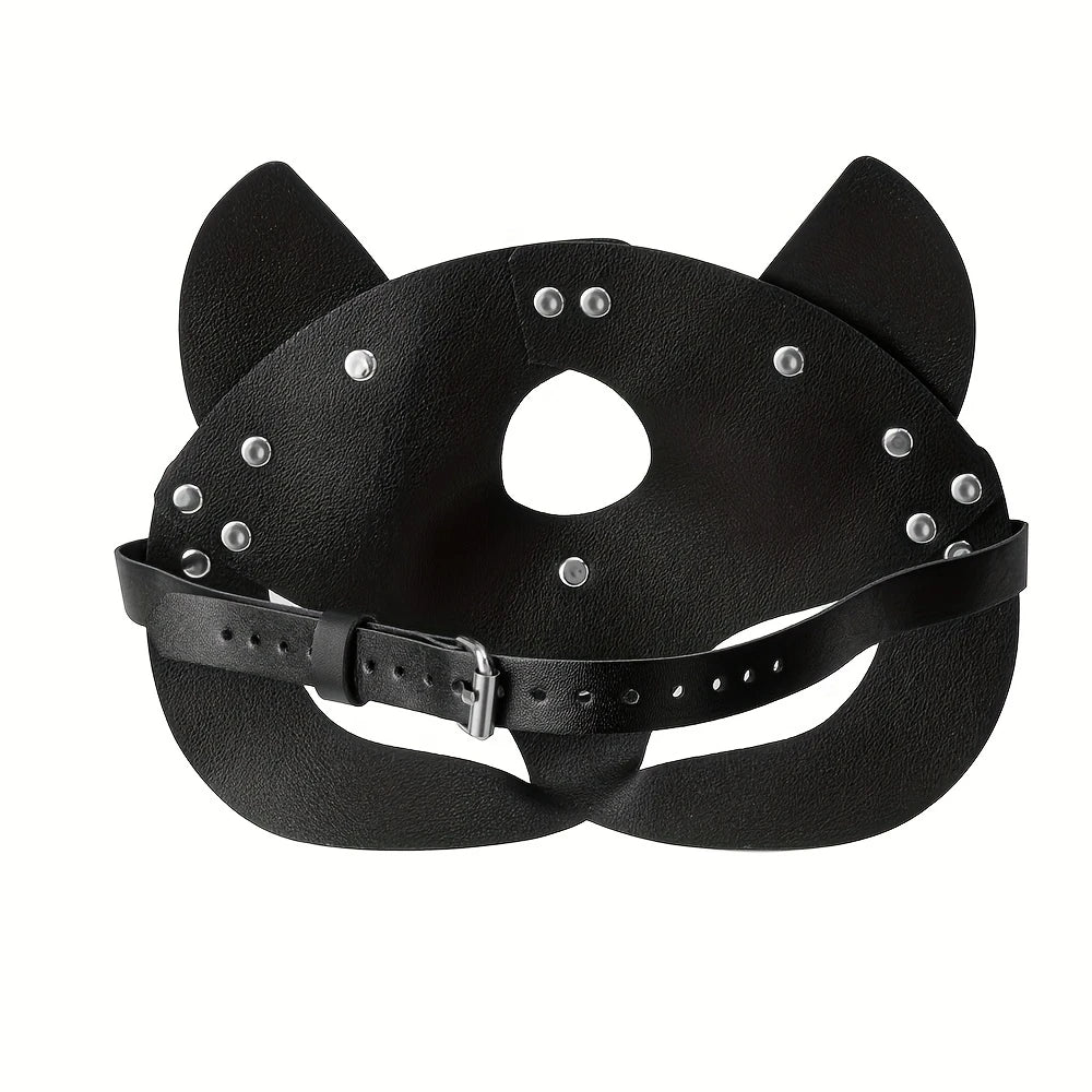 1Pc Black Synthetic Leather Cat Mask - Gothic Punk Cosplay & Party Accessory