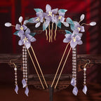 Chinese Hanfu Hair Stick Hairpin Earrings Hair Accessories Set Long Fringed Vintage Hairpin Flower Handmade Wedding Hair Jewelry