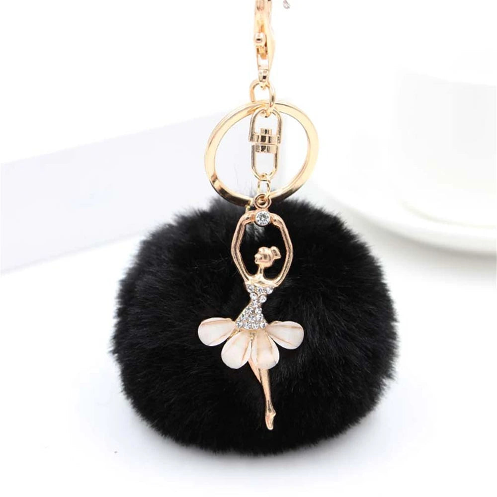 Rhinestone Ballet Dancer Plush Ball Keychain for Women and Girls