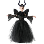 Halloween Costume Fashion Tutu Dress For Girls Cosplay Evil Queen Black Mesh Princess Dress Kids Crow Wand Demon Witch Gown