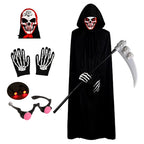 Scary Halloween Costumes for Kids - Red-eyed Reaper Robe with Hood and Scythe Easter Cape with Scythe and Glowing Glasses