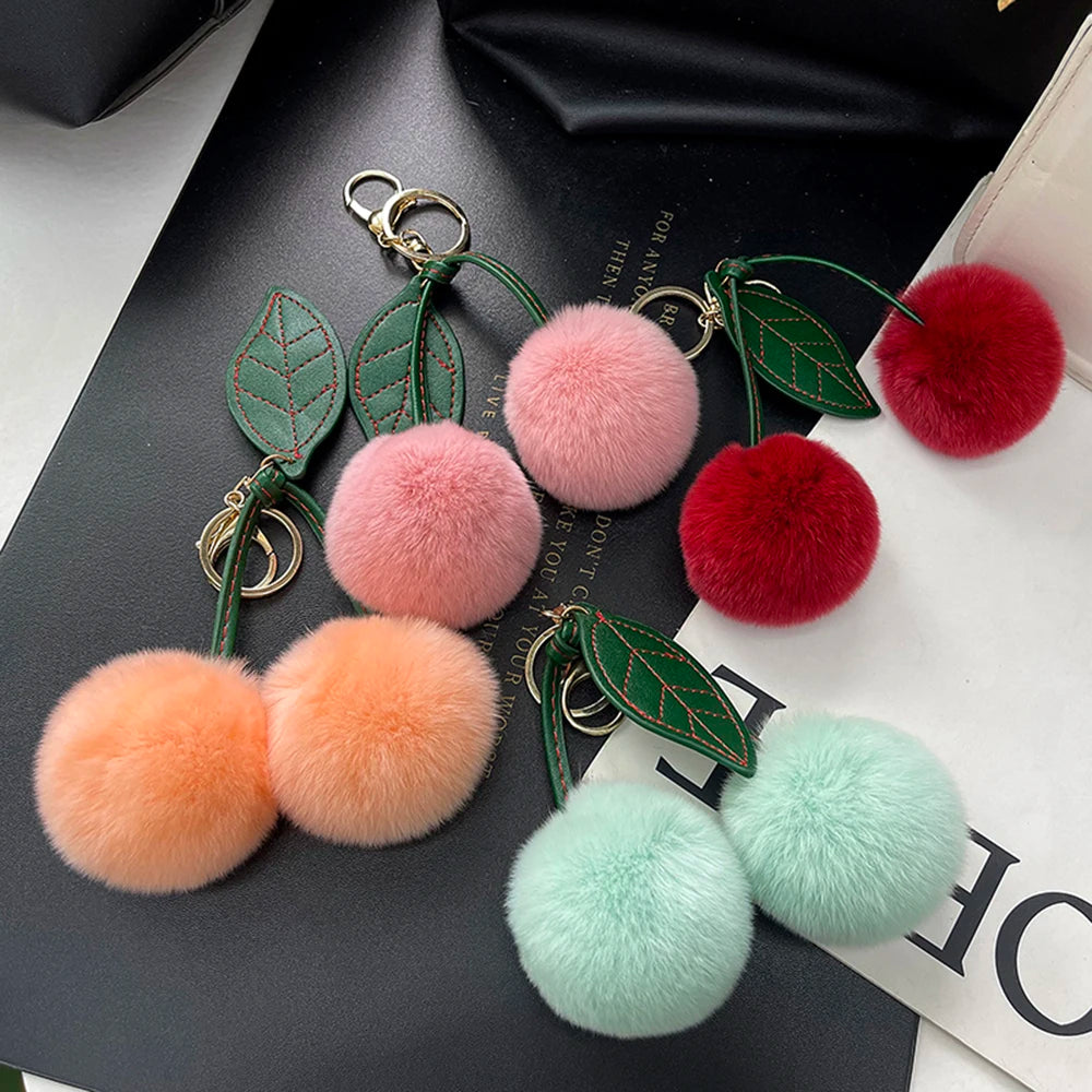 Cute Fluffy Cherry Fur Ball Keychain Bag Pendant Charm