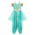 Girls Arabian Princess Costume Belly Dance Jumpsuit Shiny Sequin Tulle Overlay Satin Bodysuit for Halloween Theme Party Carnival
