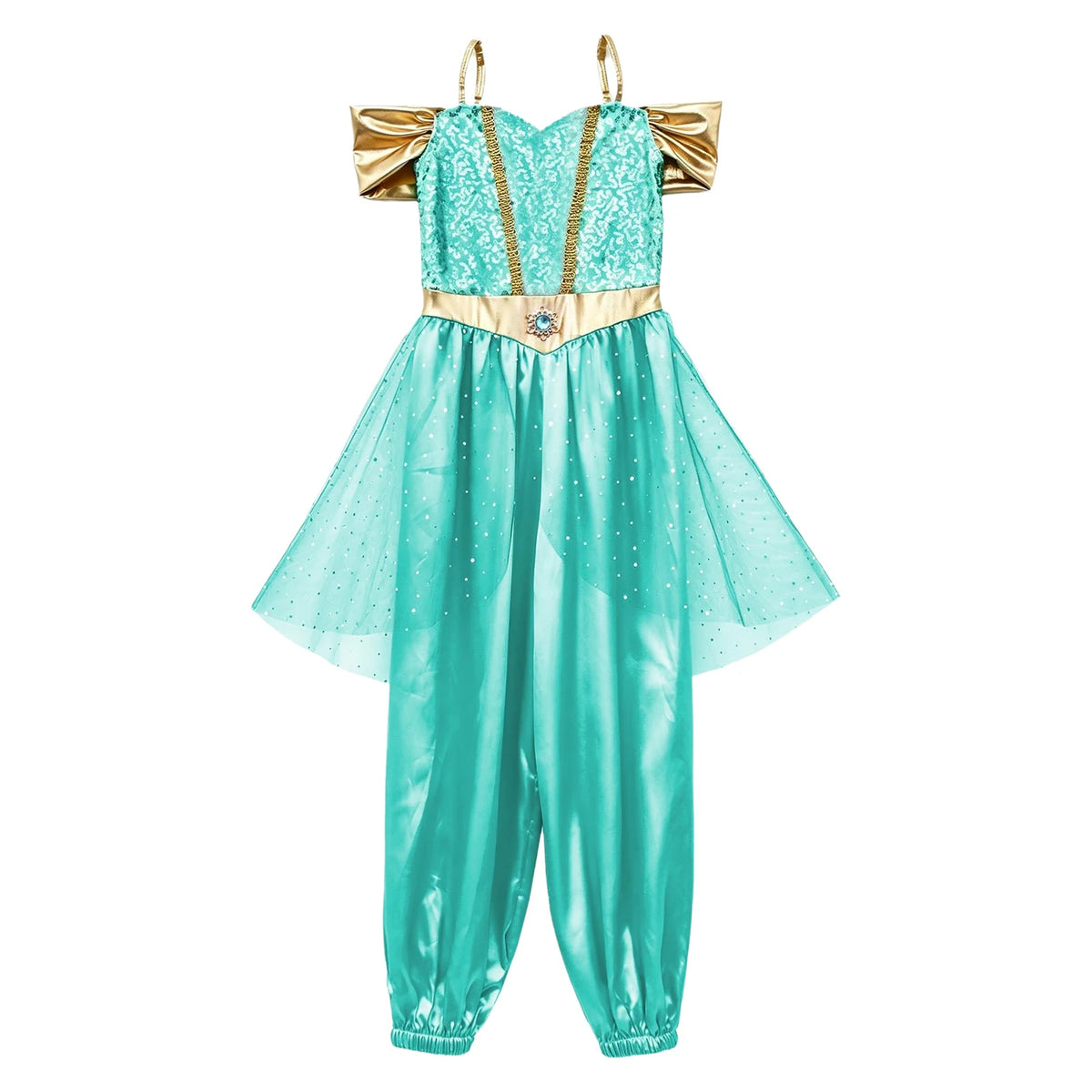 Girls Arabian Princess Costume Belly Dance Jumpsuit Shiny Sequin Tulle Overlay Satin Bodysuit for Halloween Theme Party Carnival