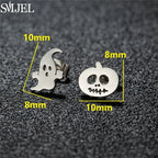 Punk Halloween Earring Black Stainless Steel Ghost Pirate Skull Stud Earrings Women Men Goth Pumpkin Spider Bat Ear Jewelry Gift