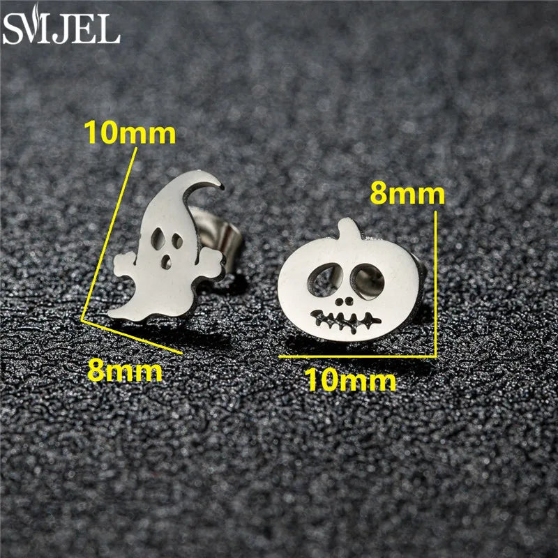 Punk Halloween Earring Black Stainless Steel Ghost Pirate Skull Stud Earrings Women Men Goth Pumpkin Spider Bat Ear Jewelry Gift
