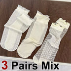 3 Pair Summer Ultra-Thin Lace Mid Tube Socks Breathable Comfortable Fashionable Sweet Lace Lolita Style Pleated Side Casual Sock