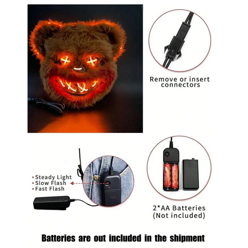 Bunny Mask Masquerade LED Rabbit Bear Mask Glowing Halloween Party,Mask For Carnival Cosplay Props Party without batteries