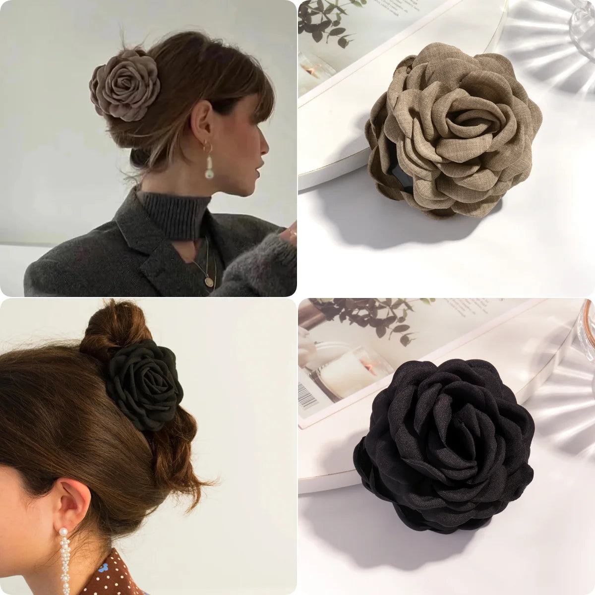 Cotton Rose Flower Hair Claw Clip – Medium Shark Clamp