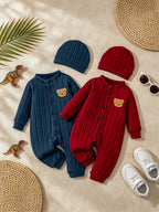 【Baby Boy】Autumn & Winter Red Onesie with Front Single-Breasted Buttons and Cute Bear Badge on Chest + Red Hat SetFeaturing a wa