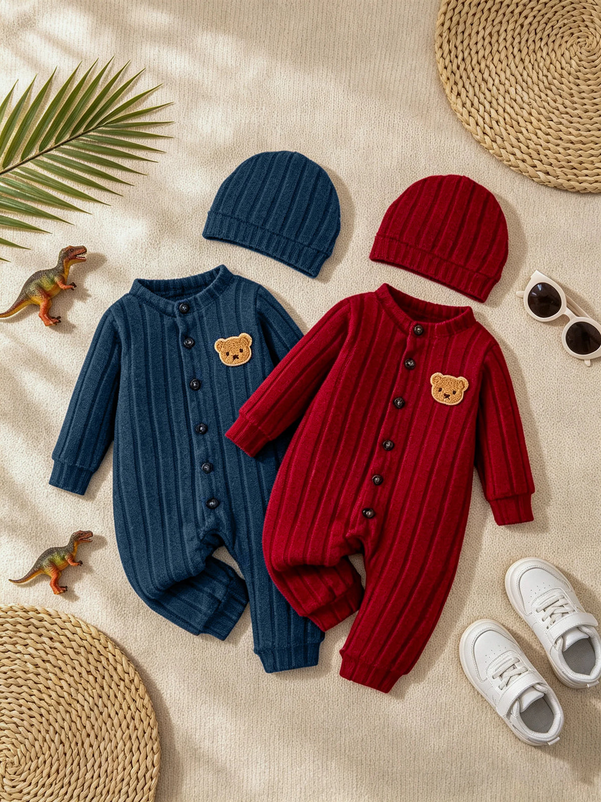 【Baby Boy】Autumn & Winter Red Onesie with Front Single-Breasted Buttons and Cute Bear Badge on Chest + Red Hat SetFeaturing a wa