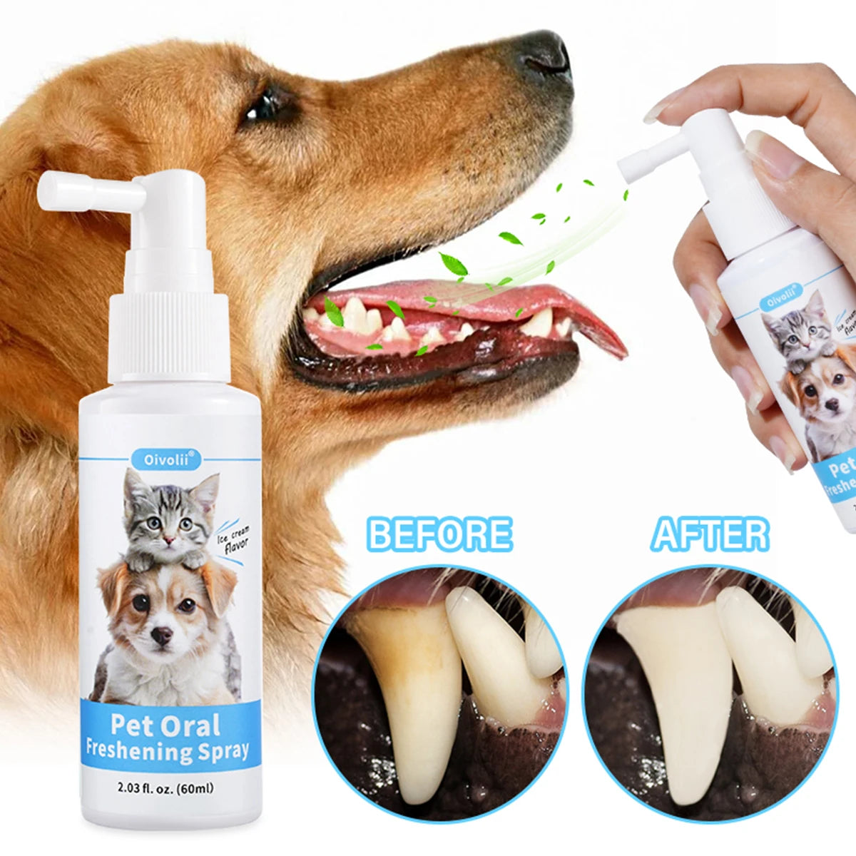 Pet Oral Hygiene Spray 60ml Dogs Cats Teeth Clean Freshens Breat  Removes Bad Breath Prevents Calculus Oral Care Water Additive