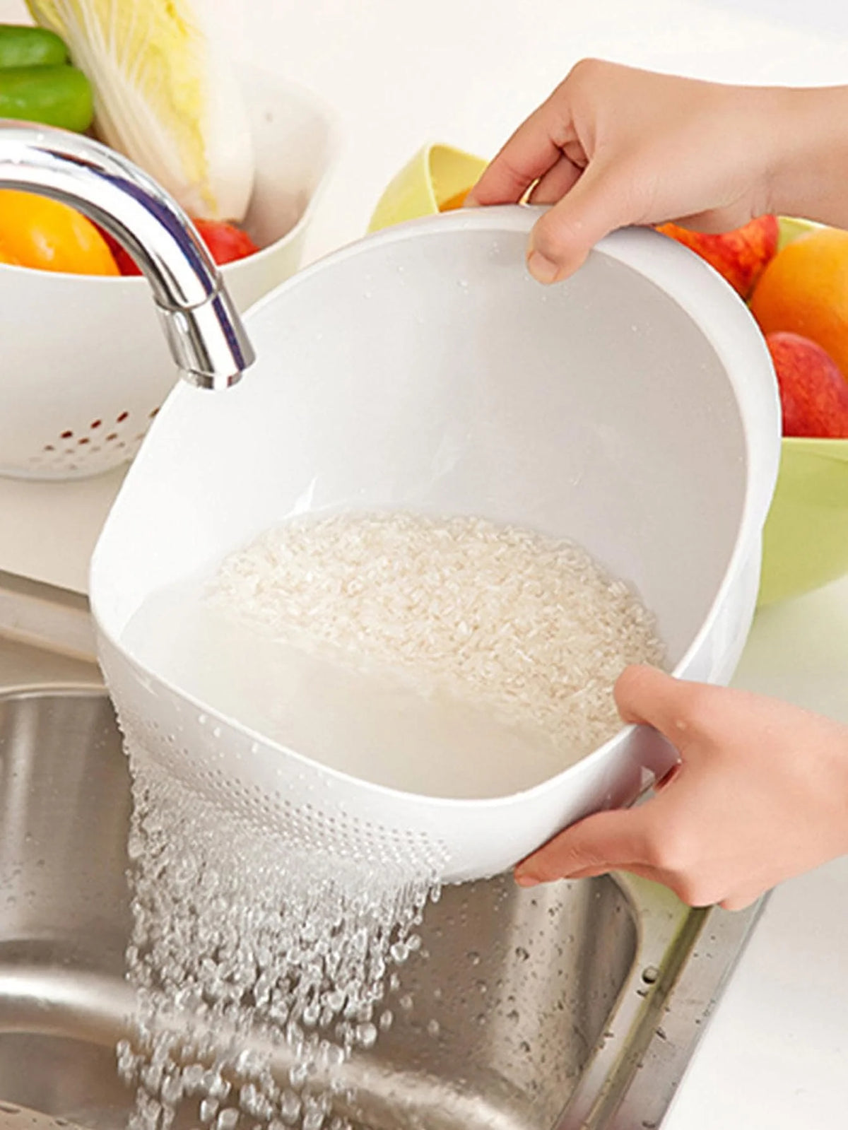 Multi-Purpose Rice Washing Bowl – Colander Drain Basket with Handle