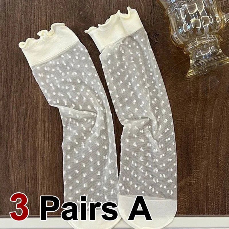3 Pair Summer Ultra-Thin Lace Mid Tube Socks Breathable Comfortable Fashionable Sweet Lace Lolita Style Pleated Side Casual Sock