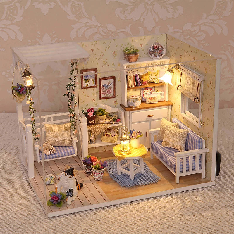 Kitten Mini Doll House 3D Wooden Puzzle DIY Miniature Building Kit