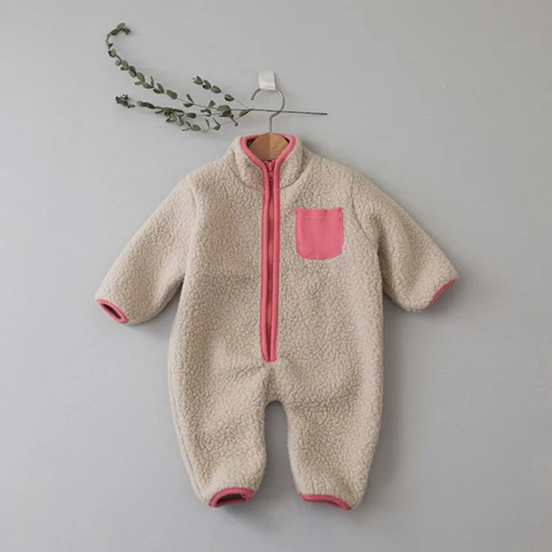 MILANCEL Spring Autumn Newborn Baby Romper Infant Warm Lamb Fleece Patchwork Jumpsuit Toddler Outwear