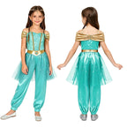 Girls Arabian Princess Costume Belly Dance Jumpsuit Shiny Sequin Tulle Overlay Satin Bodysuit for Halloween Theme Party Carnival