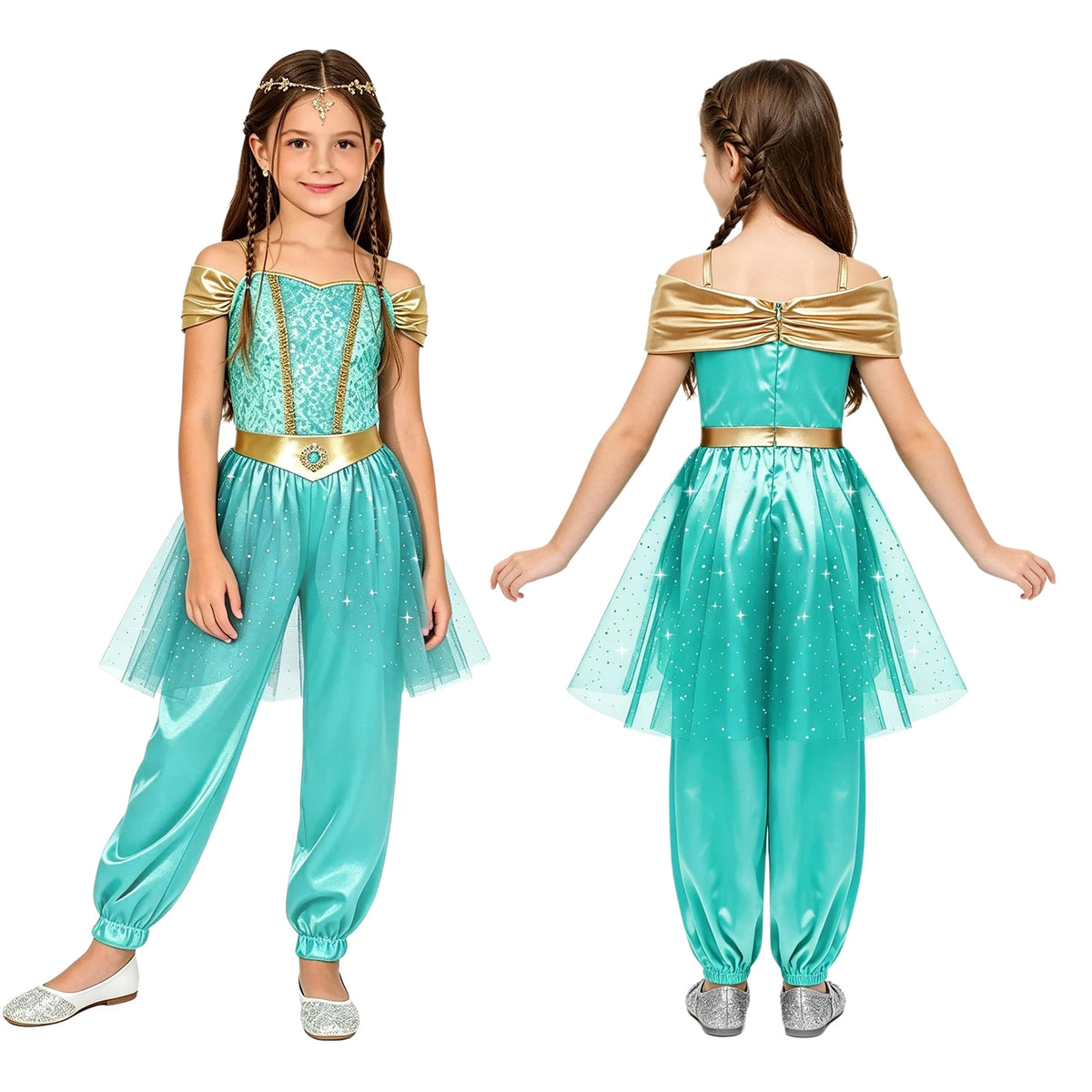 Girls Arabian Princess Costume Belly Dance Jumpsuit Shiny Sequin Tulle Overlay Satin Bodysuit for Halloween Theme Party Carnival