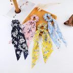 Floral Satin Bow Scrunchie with Long Ribbon Scarf