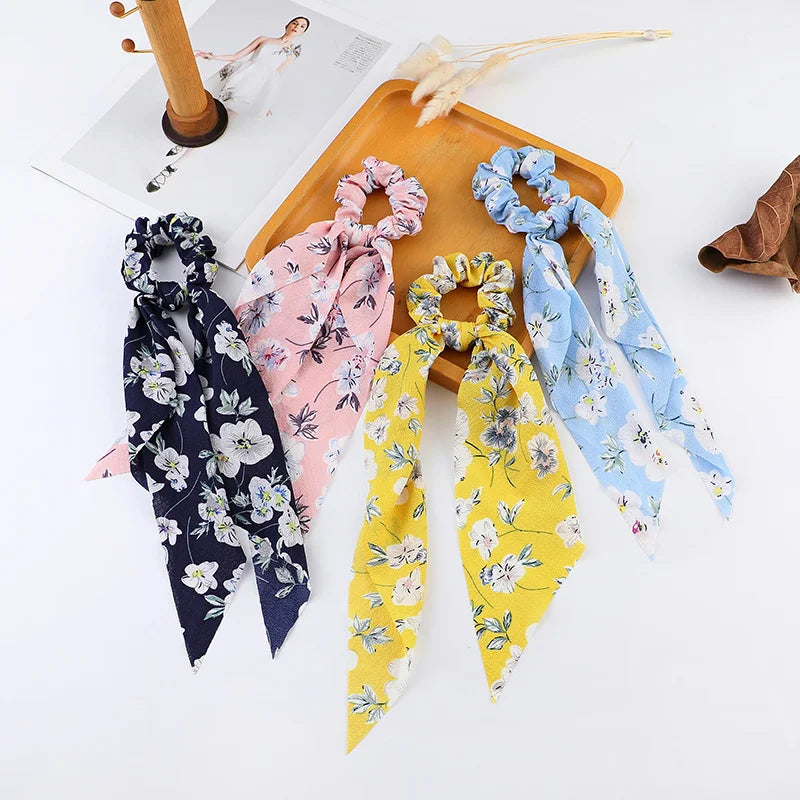 Floral Satin Bow Scrunchie with Long Ribbon Scarf