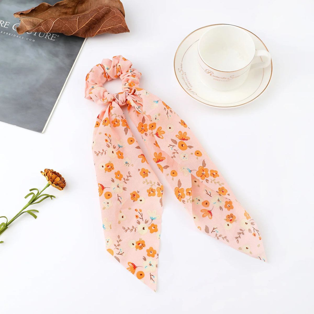 Floral Satin Bow Scrunchie with Long Ribbon Scarf
