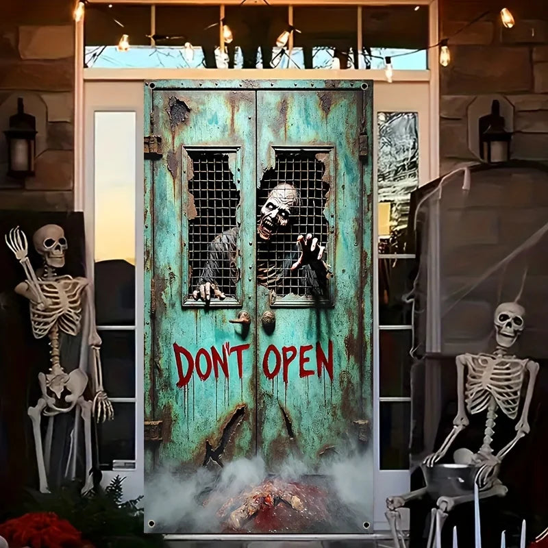 2D door banner, 1 piece, 2D/ flat horror skeleton zombie "Do not Open the Door" hanging door curtain, party decoration