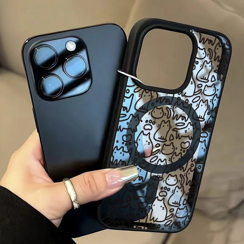 Luxury Lanyard Magnetic Phone Case For iPhone 13 17 16 18 Pro Max 11 15 14 12 17pro Shockproof Acrylic Matte Cat Painted Cover