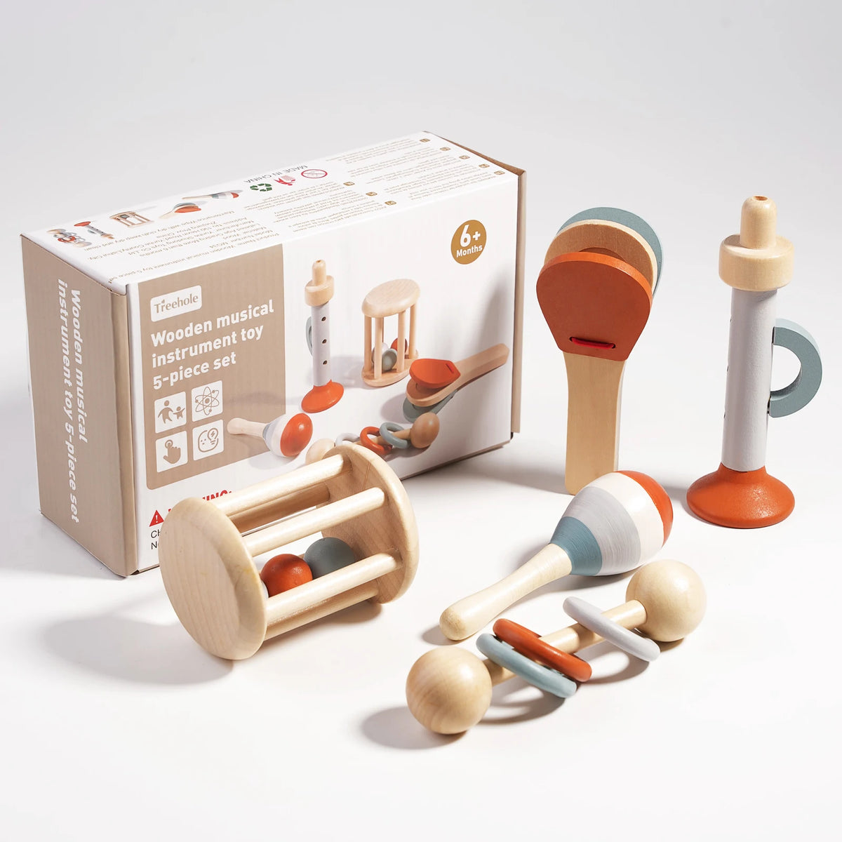 Baby Wooden Hand Bell Rattle Montessori Sensory Grasp & Teething Toy