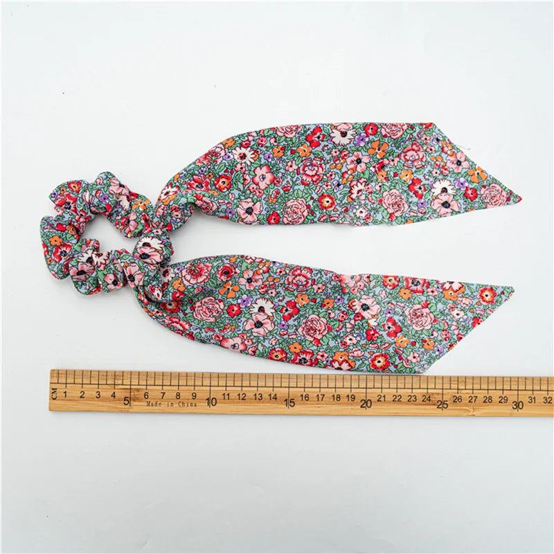 Floral Satin Bow Scrunchie with Long Ribbon Scarf