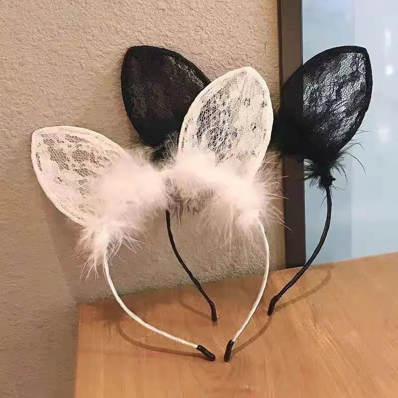 Plush Lace Cat Ears Bell Headband for Women