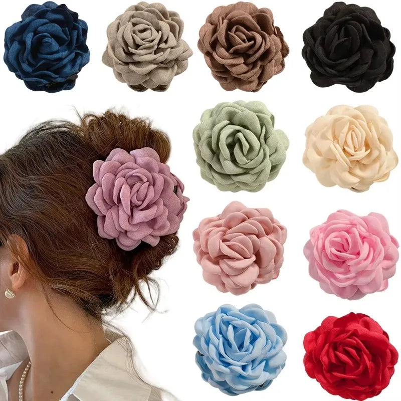 Cotton Rose Flower Hair Claw Clip – Medium Shark Clamp
