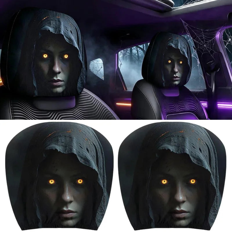 2/4pcs Halloween Scary Reaper Lady Print Car Headrest Covers Horror Style Vehicle Seat Head Cover Halloween Party Car Decoration