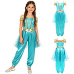 Girls Arabian Princess Costume Belly Dance Jumpsuit Shiny Sequin Tulle Overlay Satin Bodysuit for Halloween Theme Party Carnival