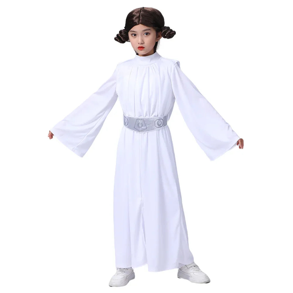 Child Princess Leia Cosplay Fancy-dress Girls White Hooded Robe Kids Outfit With Wig Halloween Carnival Party Costume