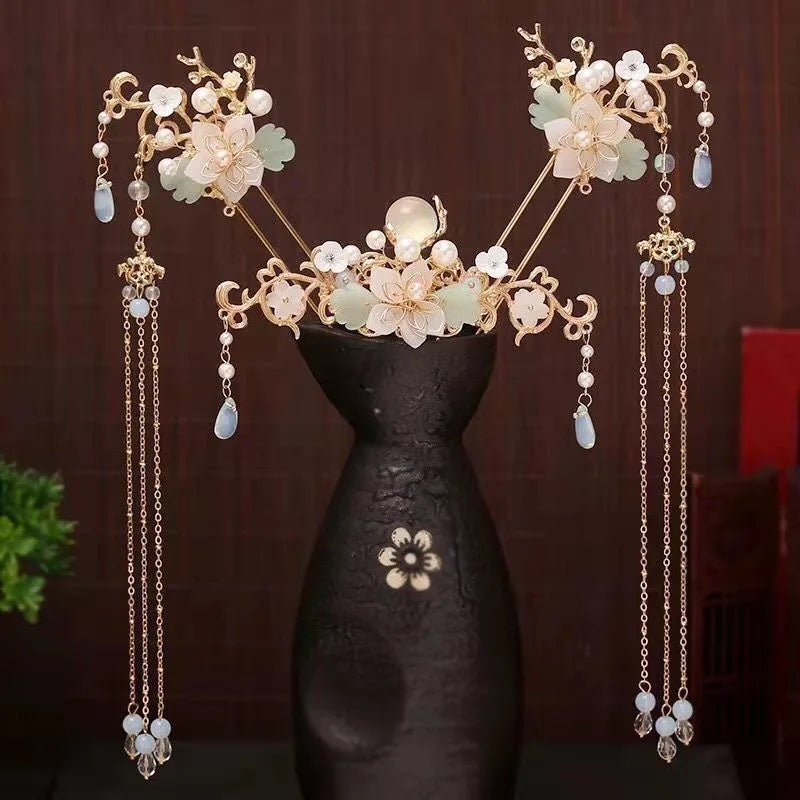 Chinese Hanfu Hair Stick Hairpin Earrings Hair Accessories Set Long Fringed Vintage Hairpin Flower Handmade Wedding Hair Jewelry