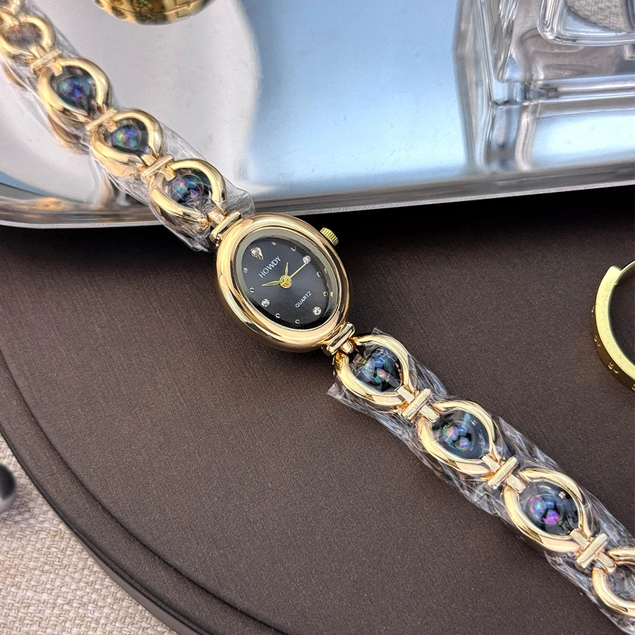 Ladies' Silky Texture Oval Alloy Case Set with Movable Fine Bead Bracelet Sun Print Rhinestone Dial Elegant Lady Quartz Watch