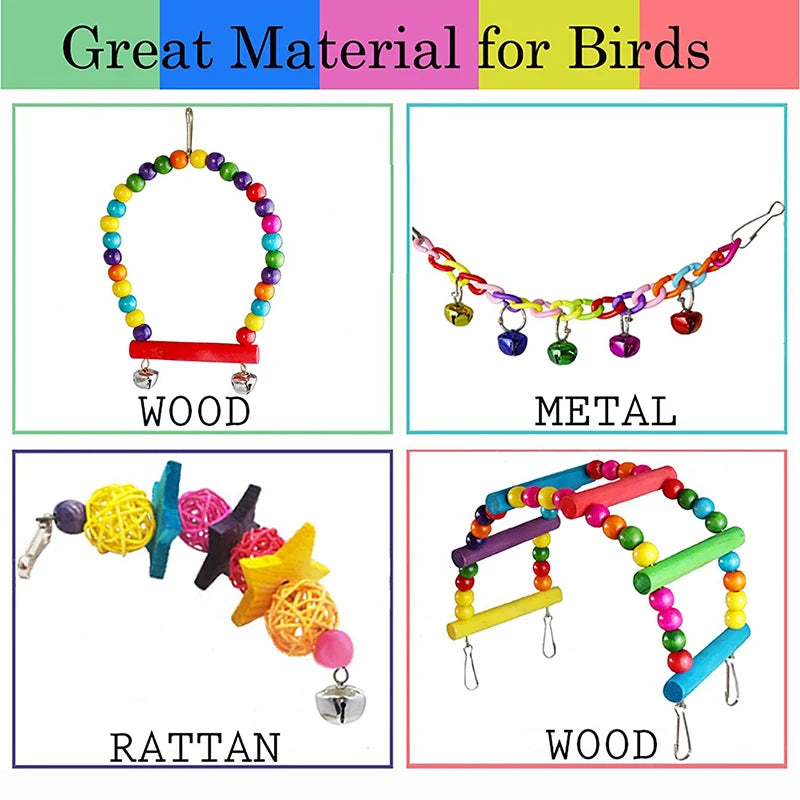 7PCS Wooden Parrot Toy Set for Bird Cage Play and Enrichment