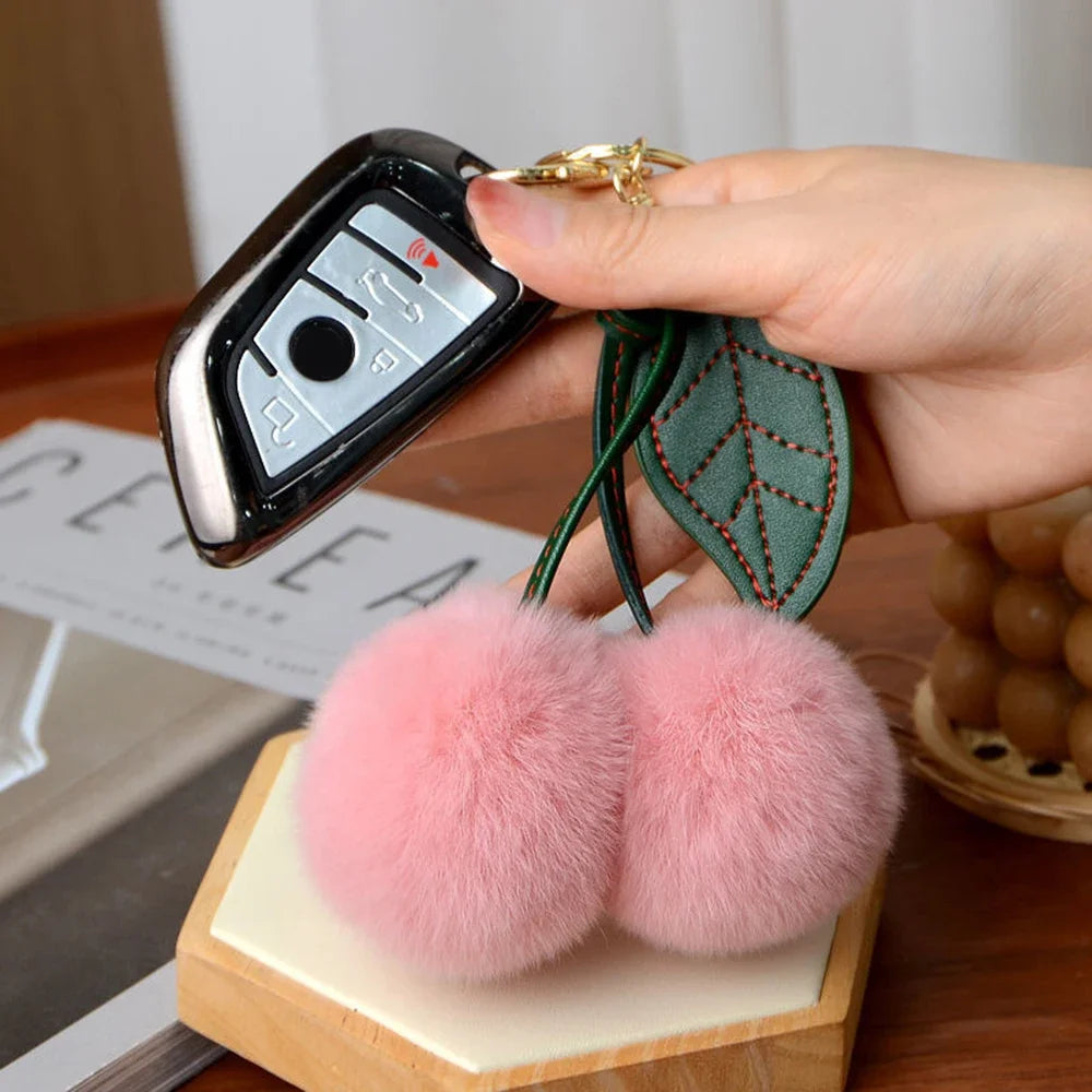 Cute Fluffy Cherry Fur Ball Keychain Bag Pendant Charm