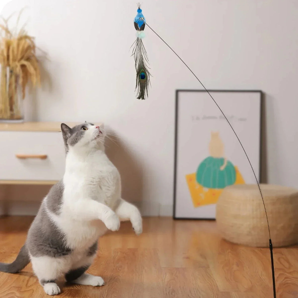 Peacock Bird Cat Teaser Wand for Interactive Hunting and Play