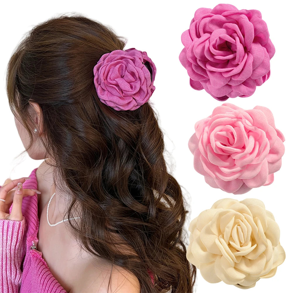 Cotton Rose Flower Hair Claw Clip – Medium Shark Clamp