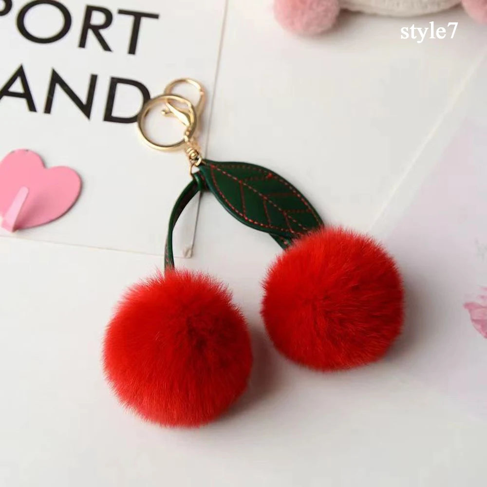 Cute Fluffy Cherry Fur Ball Keychain Bag Pendant Charm
