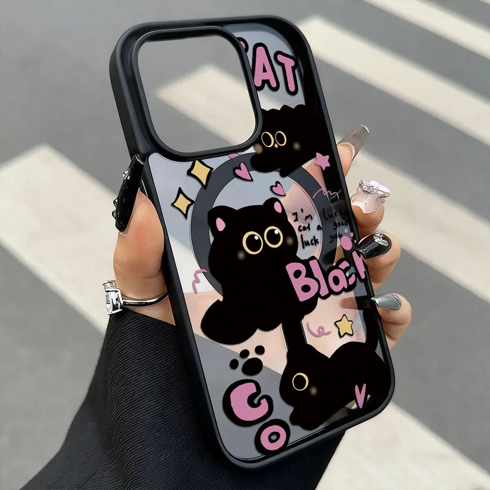 Luxury Lanyard Magnetic Phone Case For iPhone 13 17 16 18 Pro Max 11 15 14 12 17pro Shockproof Acrylic Matte Cat Painted Cover